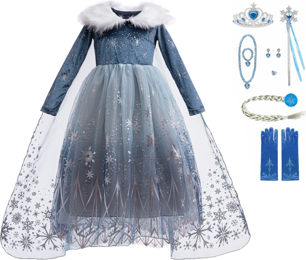 Prinsessenjurk meisje - Elsa jurk - verkleedkleren meisje - maat 98/104 - prinsessen verkleedkleding - met tiara - toverstaf - Elsa vlecht