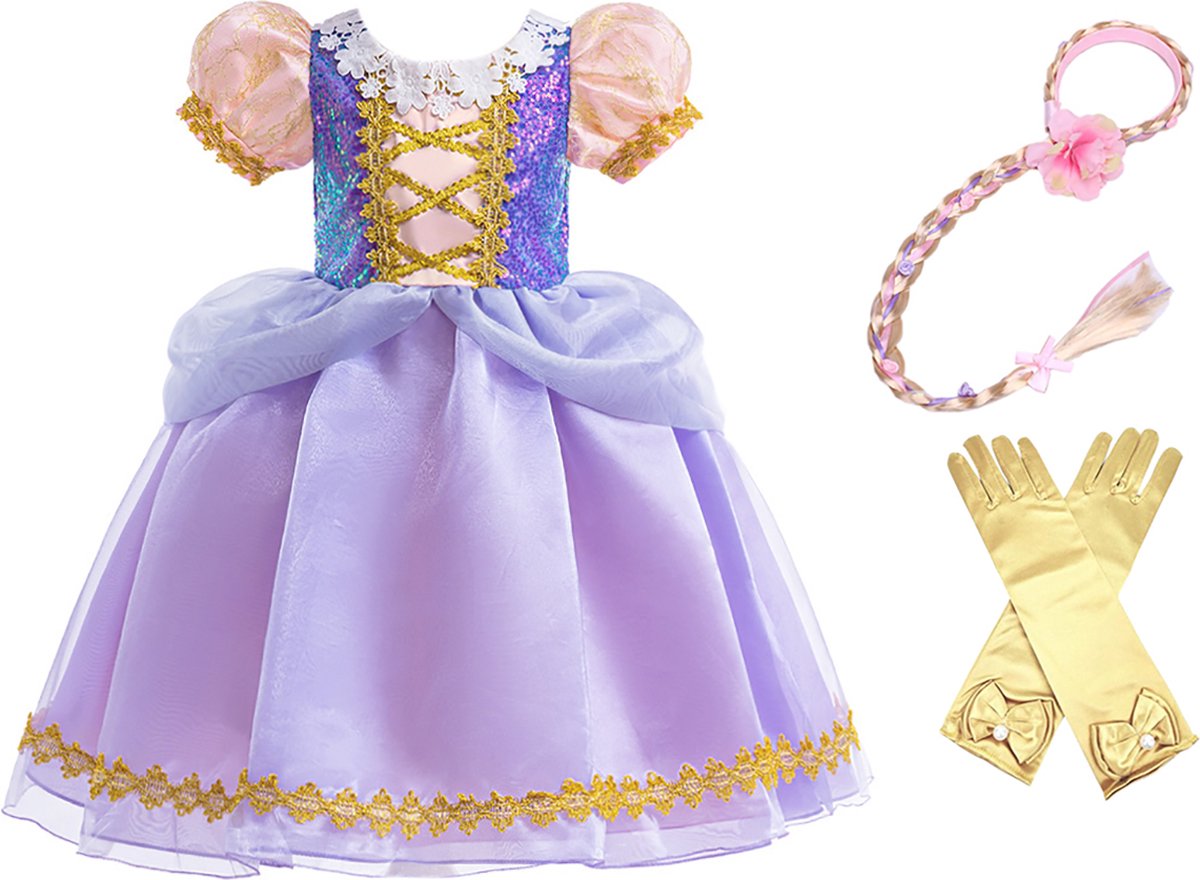 Prinsessenjurk meisje - Verkleedkleding - 134/140 - Carnavalskleding kind - prinsessen verkleedkleren - Haarband met vlecht - Handschoenen - Paars