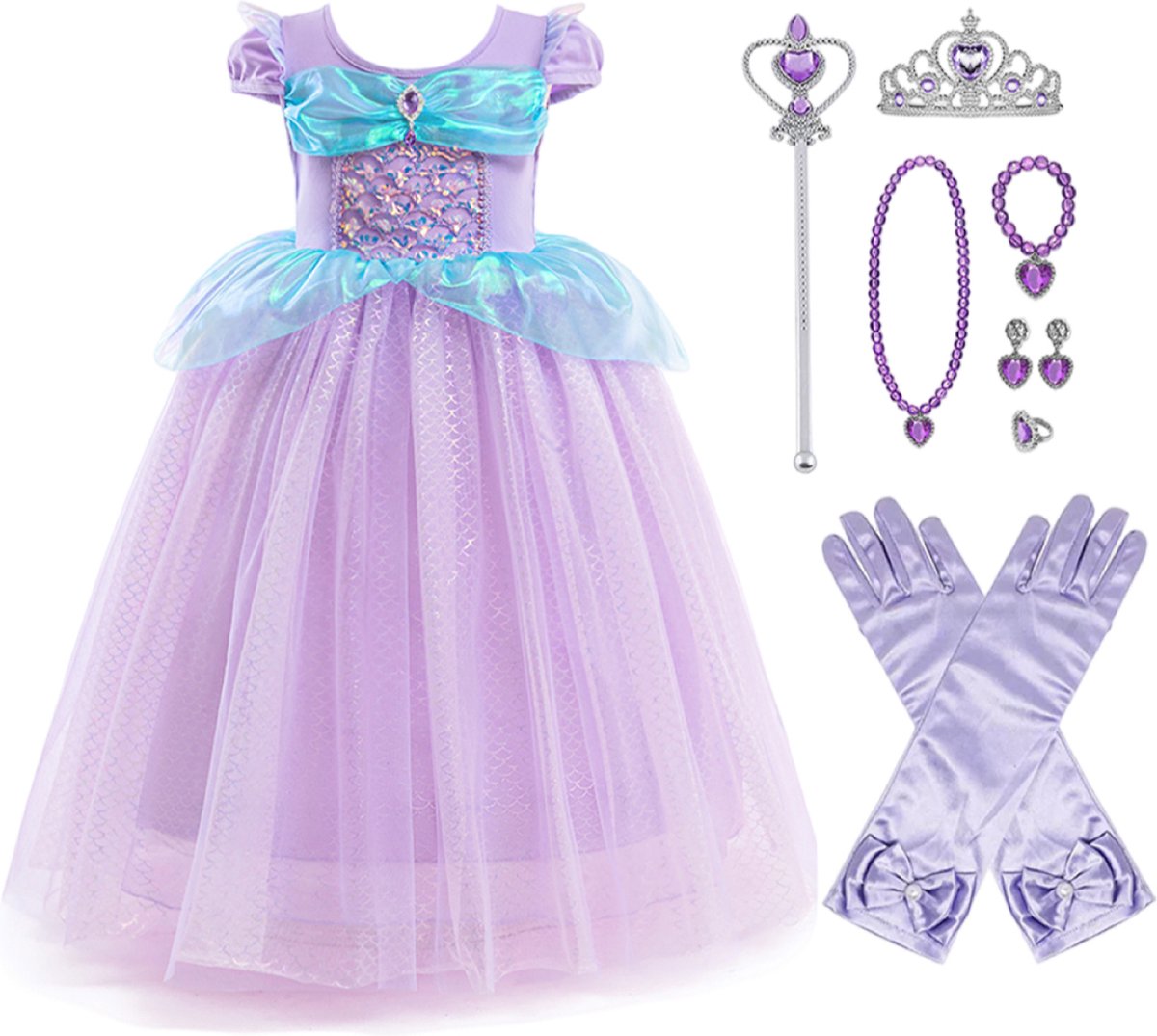 Prinsessenjurk meisje - Zeemeermin jurk - 122/128 - Carnavalskleding kind - Zeemeermin verkleedkleren -Toverstaf - Tiara - Handschoenen - Paars