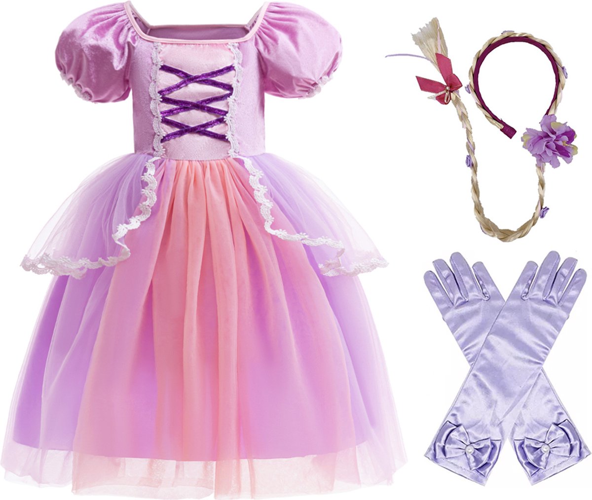Prinsessenjurk meisje - verkleedkleren meisje - maat 134/140 - inclusief haarband met lange blonde vlecht - lange prinsessenhandschoenen
