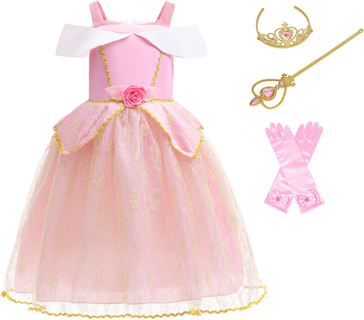 Prinsessenjurk meisje - verkleedkleren meisje - maat 92/98 - toverstaf goud - tiara roze - handschoenen