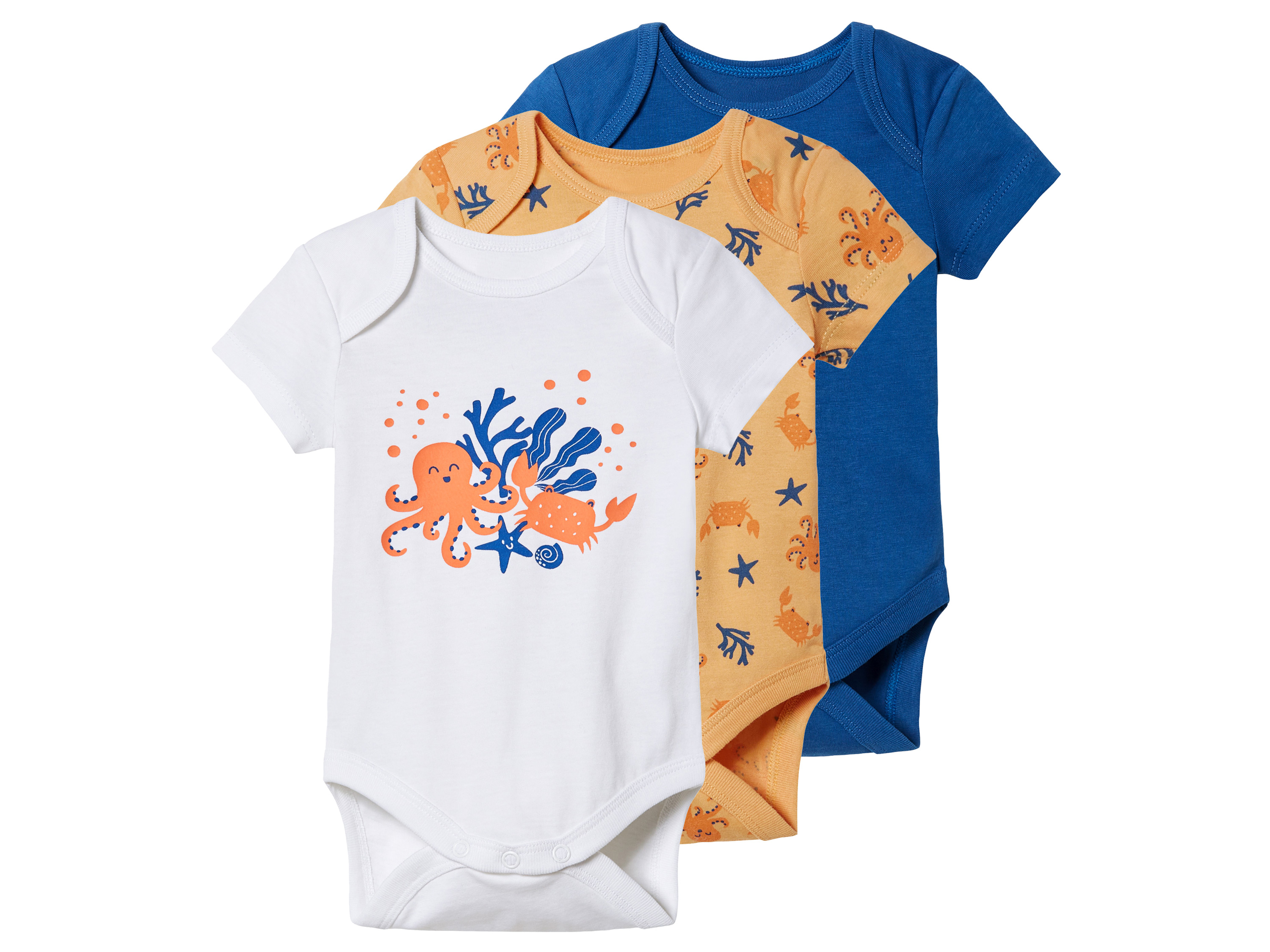 lupilu 3 baby rompertjes (Blauw/oranje/wit, 62-68)