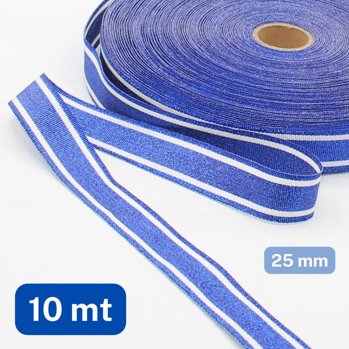 10 Meter LUREX RIBSBAND/KOORDBAND, Breedte 25MM, Luxe Kwaliteit, Kleur LUREXBLAUW met WITTE Strepen