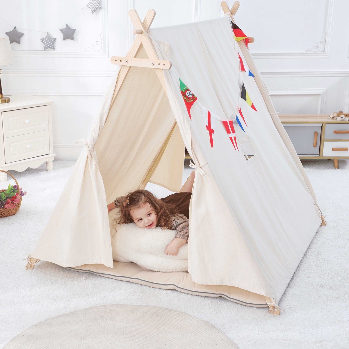     -   Kinderen Incl. Stevig Speelkussen - Linnen & Houten Kindertent - Duurzaam en Veilige Tipi tent kinderen