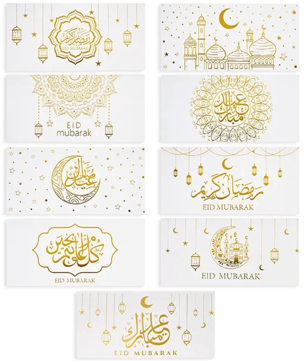 LuukyBB - 9 x Geldenvelop Suikerfeest - Wit - Snoep Zakje Ramadan Eid Mubarak - Geldcadeau Geschenkenveloppen Eid al-Adha Suikerfeest Bruiloft - Feest Snoep Suiker Geschenk Geld Goudfolie Envelop - Islamitische Feestdagen Offerfeest - Cadeaus