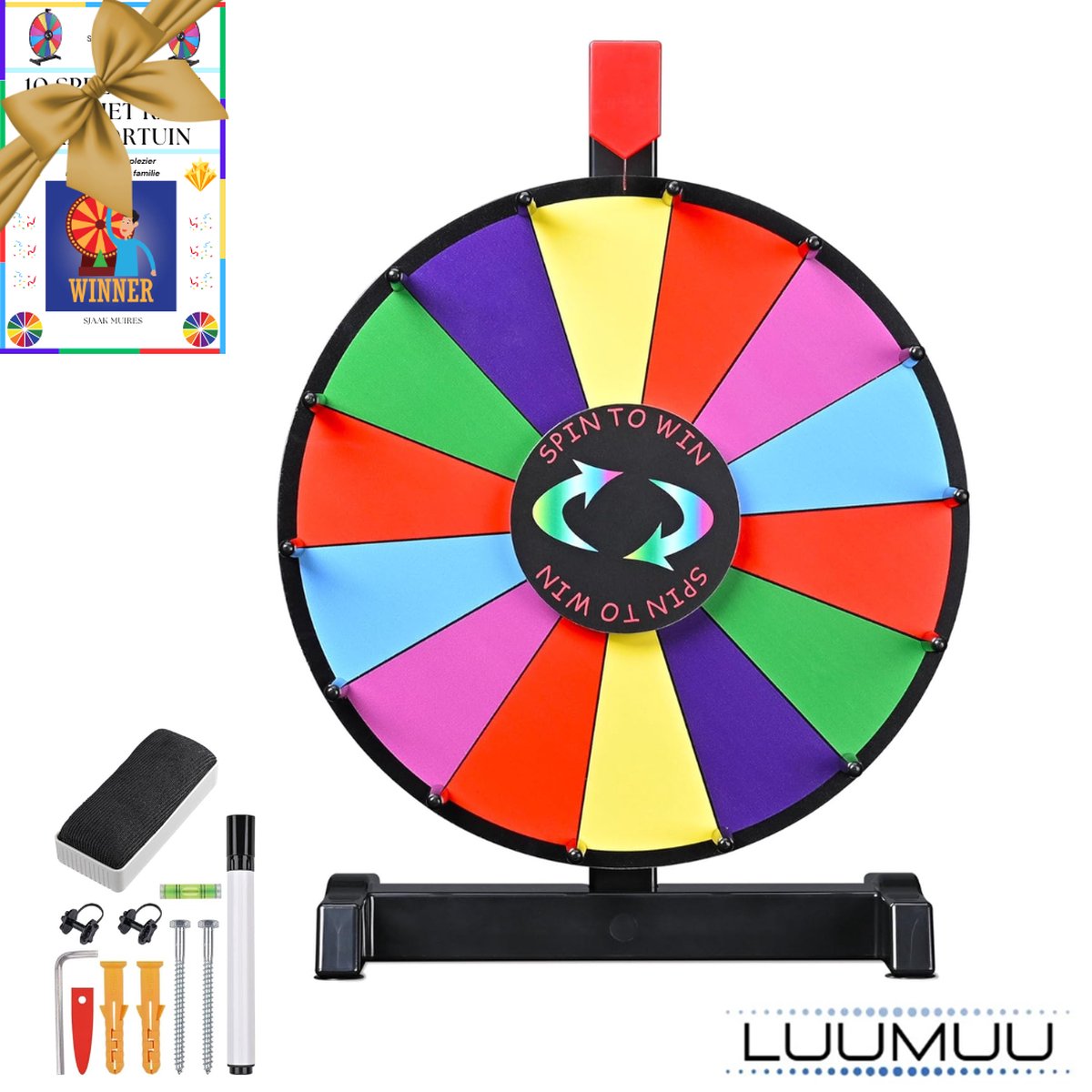 Luumuu® Rad van Fortuin - Draaiwiel 30 cm - Draairad - Gezelschapsspel - 14 Schrijfvakken - Met Markeerstift en Wisser - Inclusief Spellengids