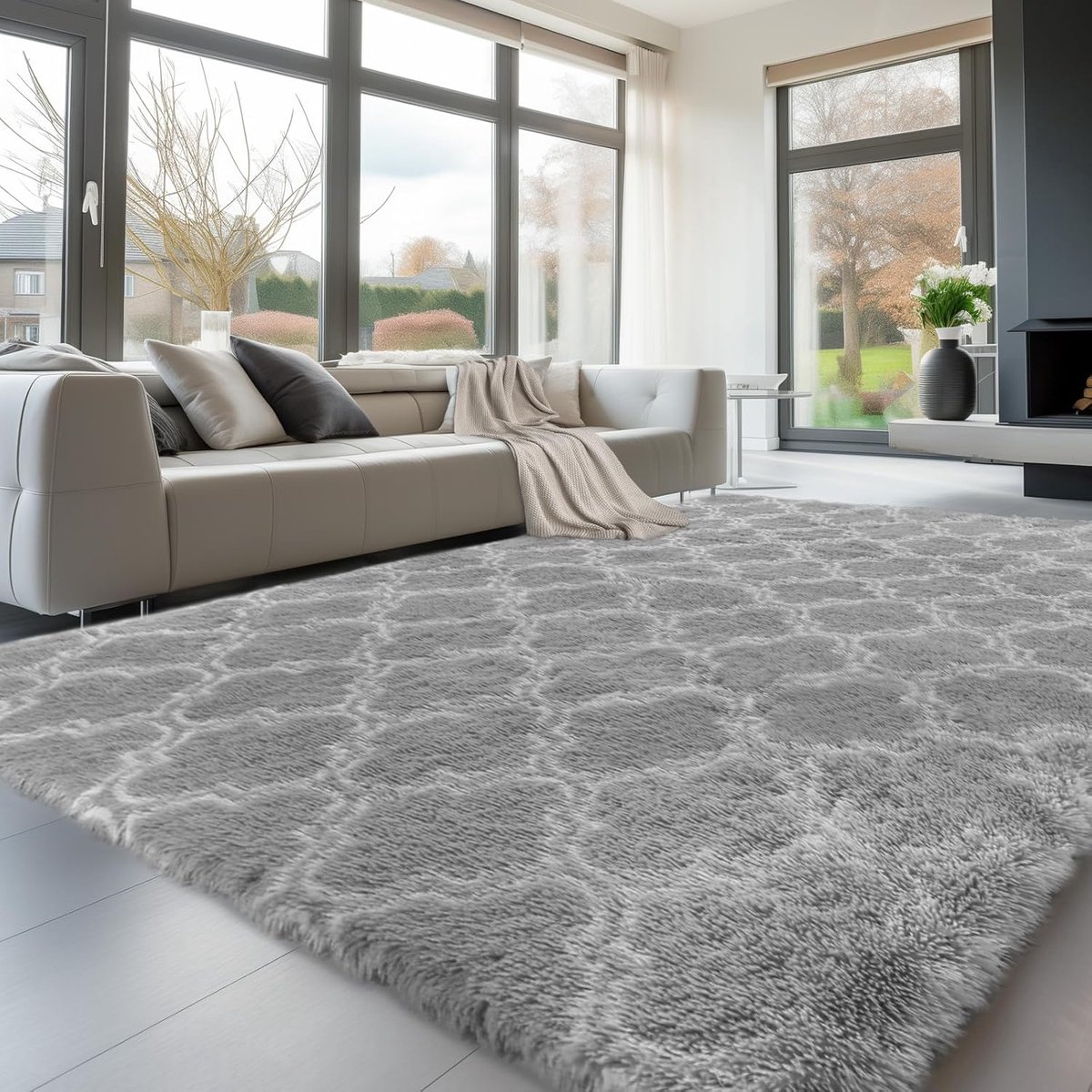 Luvetrex ® Extra Grote Grijze Hoogpolige Vloerkleed voor Woonkamer en Slaapkamer, Wasbaar en Antislip