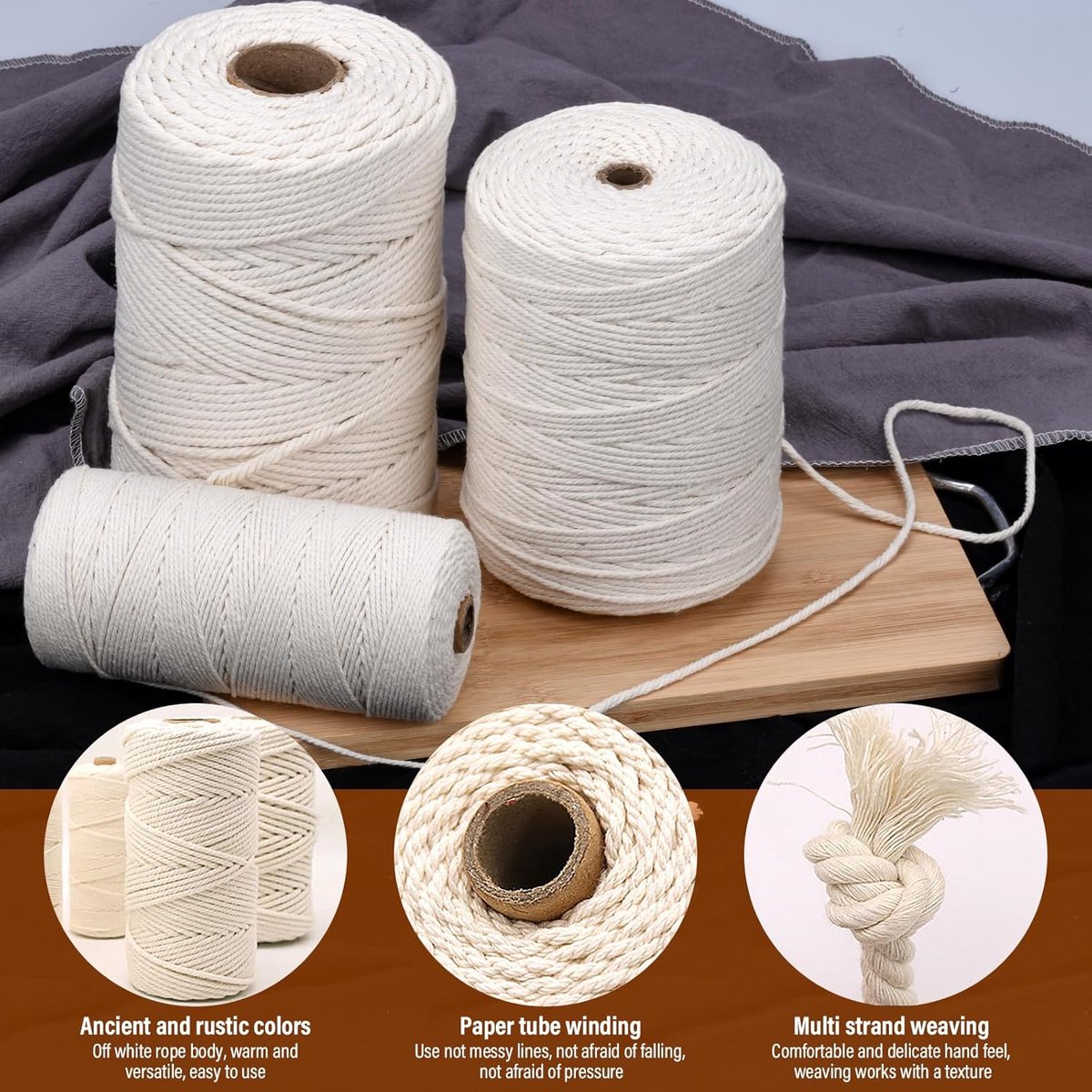 Luvetrex ® Premium macramégaren, naturel, 3 mm x 300 m, katoengaren voor doe-het-zelf handwerk, weven en hangplanten, natuurlijk, milieuvriendelijk