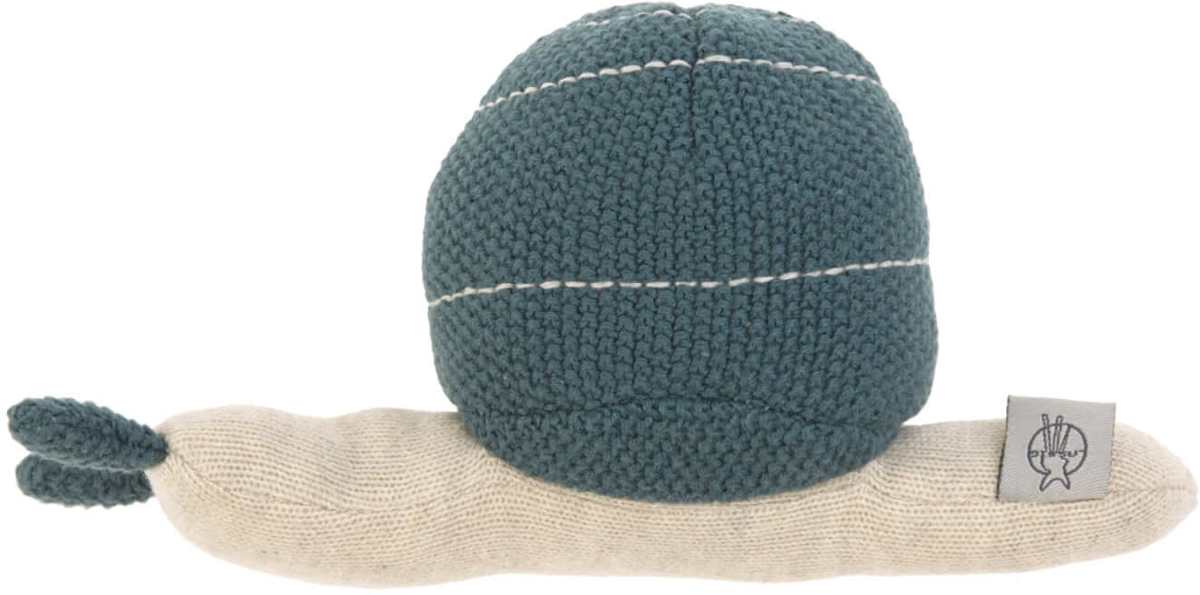 Lässig gebreid speeltje en knuffel met rammelaar Garden Explorer Snail blue