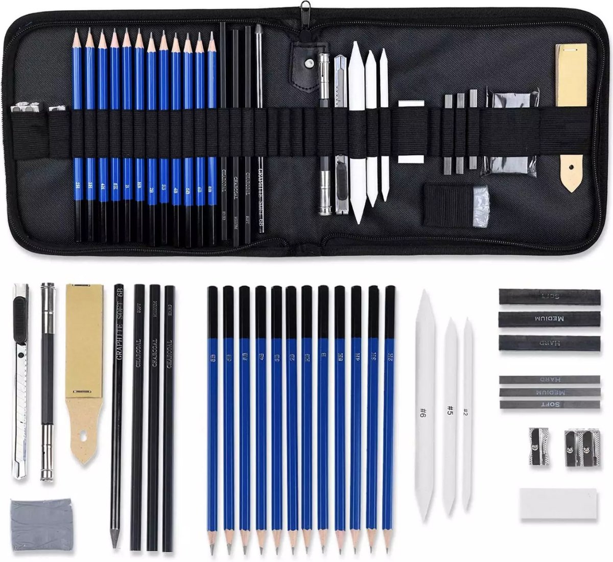 MALEZO® Professionele Potloden tekenset 33-delig - met Tekenpotloden, Schetspotloden en Accessoires - Tekenen met Houtskool & Grafiet - Teken set voor kinderen & volwassenen