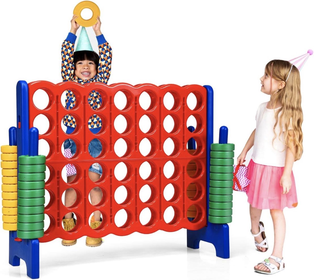 Mara 4 op een rij Spel XL - Voor Kinderen en Volwassenen - Klassiek Spel - 42 Ringen - Speelbordsets - Rood Blauw - 120 x 42 x 104 cm