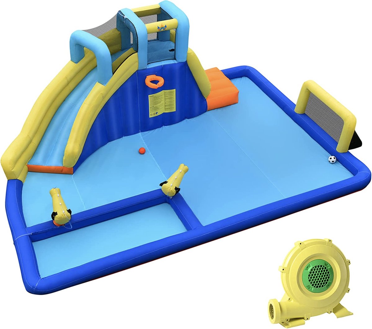 Mara Opblaasbaar Speelzwembad - 6-in-1 Springkasteel - Waterpark met glijbaan - Klimwand - Waterpistool - Voetbaldoel - Inclusief Ventilator - 526 x 373 x 205 cm