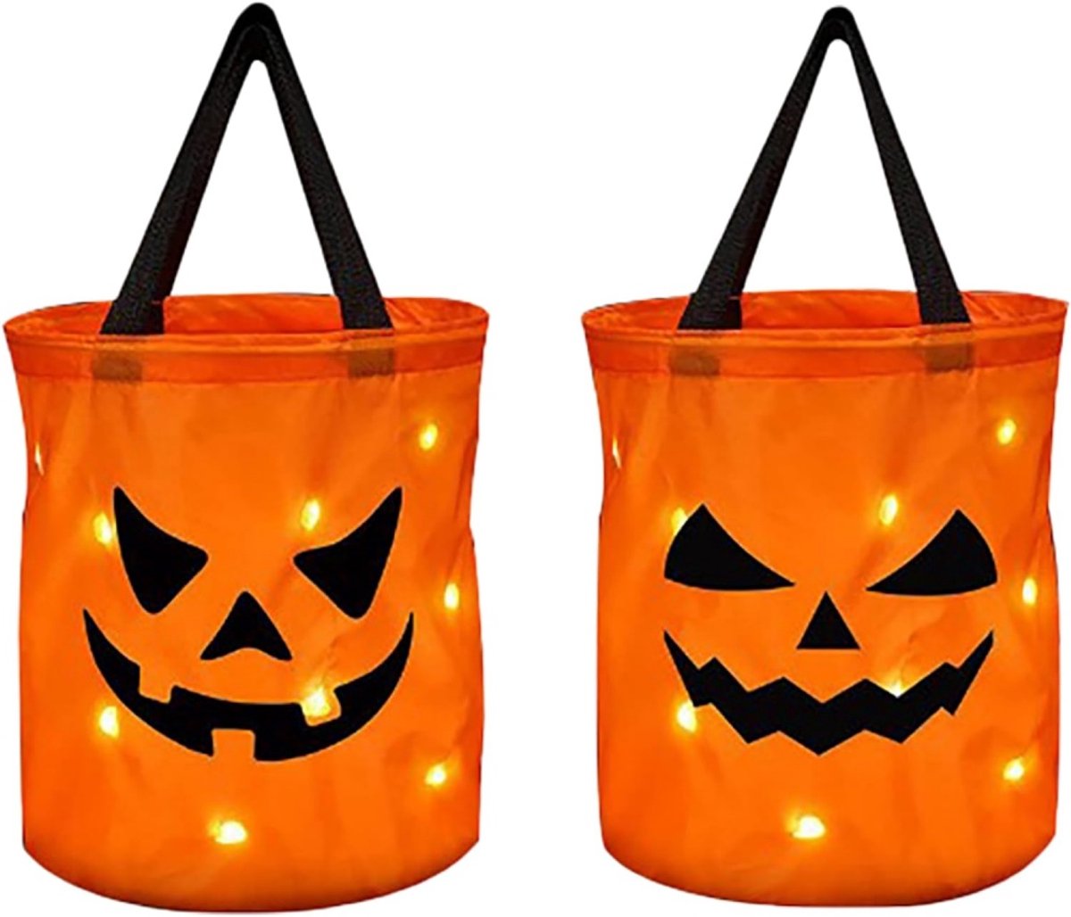 Halloween snoepemmer - met led-lampjes - Halloween snoepzak - LED pompoen canvas tas - Halloween pompoenmand - multifunctioneel - draagbaar - opvouwbaar - 2 stuk - 25×25×45cm - Trick or Treat