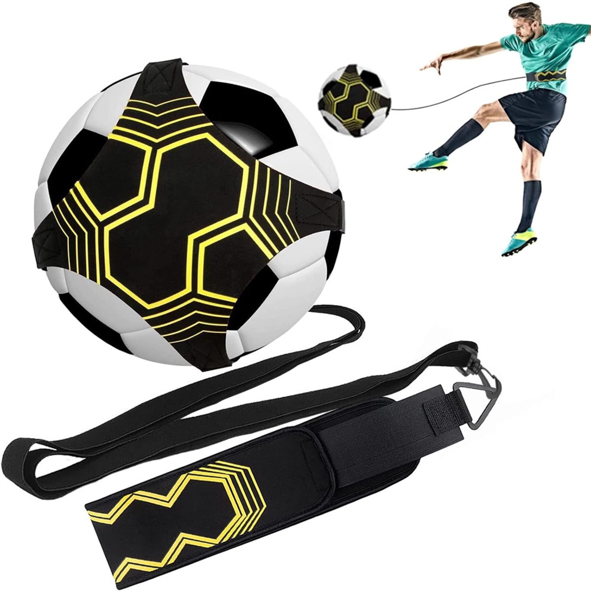 Voetbaltrainer - Balmaat 3/4/5 - Voetbalvaardigheidstrainer - Voetbal trainer - 61.4 - 91.6 cm - Voor trainingsbal en met verstelbaar koord - Geschikt voor kinderen en tieners - Voor thuis en Buiten - Zwart met geel