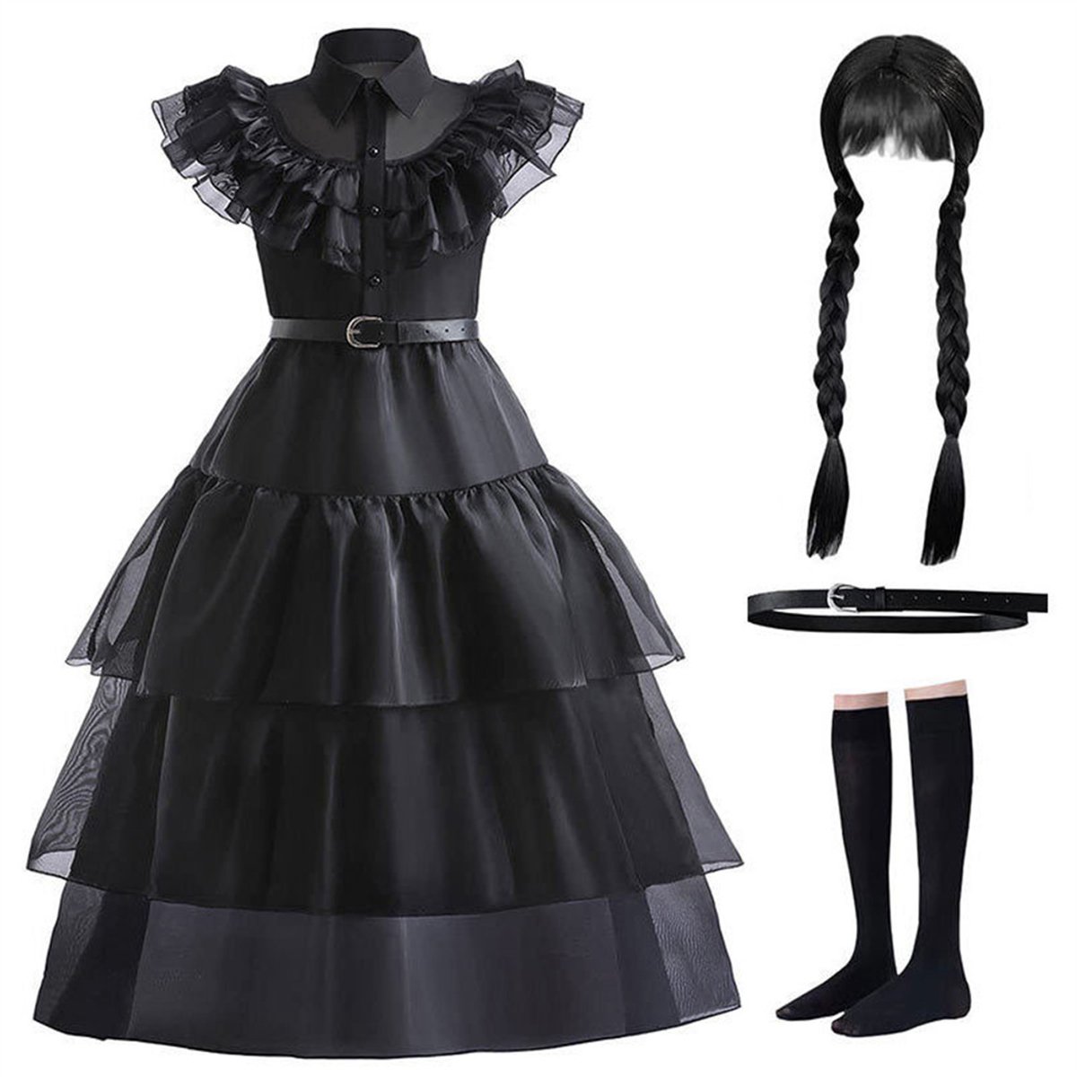 Wednesday addams Verkleed - Halloween Cosplay Kostuum - Wednesday kostuum - Wednesday addams kostuum - Gothic Jurk Halloween en Carnaval - Zwarte Verkleedjurk met Tulle - Vierdelige set - Zwart - Geschikt voor een lichaamslengte van 130 cm