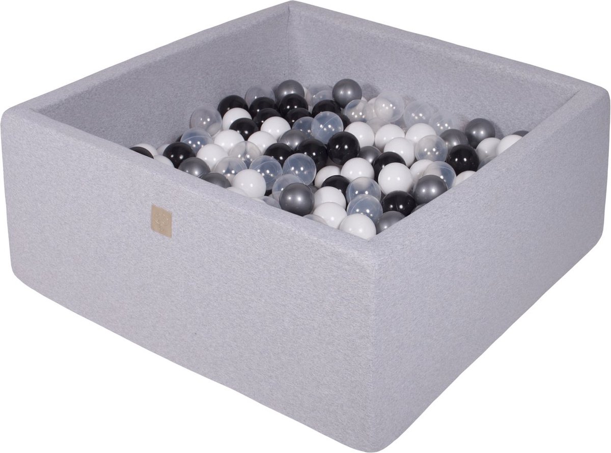 Vierkante Ballenbak incl. 200 ballen - 90x90x40 cm - Licht Grijs - Wit, Transparant, Zilver