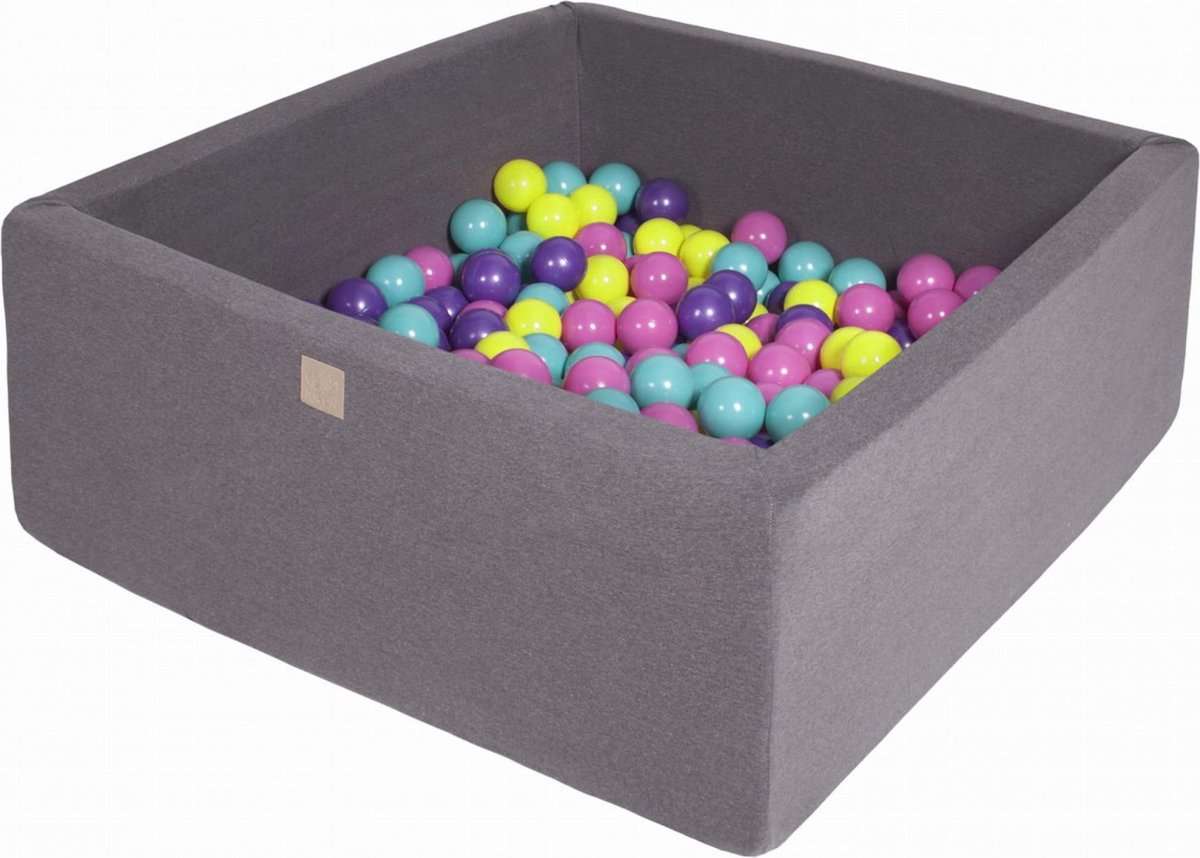 Vierkante Ballenbak incl. 400 ballen - 110x110x40 cm - Donker Grijs - Violet, Donker Roze, Lime, Turquoise