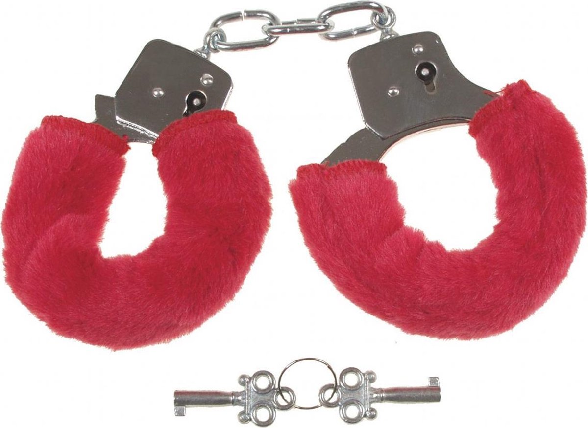 MFH Outdoor Handboeien Fun verchroomd met 2 sleutels met rood kunstbont