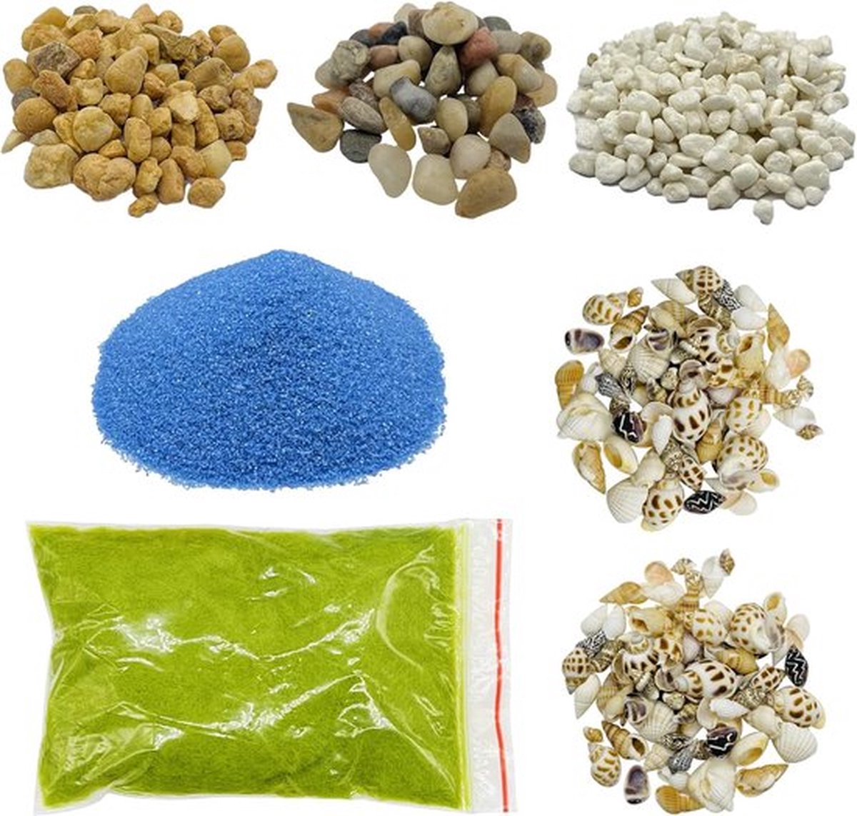 MGM Trading - 7-delige miniatuur basisset, assortiment terreinbouwstenen, tafelbladmodellering bomen, decoratief zand, gras, sneeuw voor projecten, modelspoorwegen, architectuur, landschap en minituinen