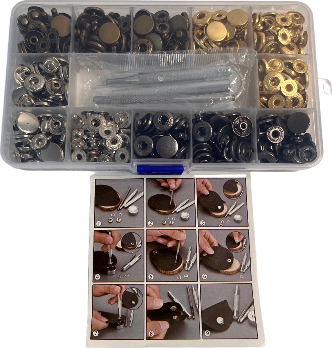 MGM Trading - set van 120 metalen drukknopen met bevestigingsmiddelen, 4 kleuren: goud, zilver, brons en gunmetal, ideaal voor het repareren van kleding, jassen, jeans en riemen en voor naaiprojecten