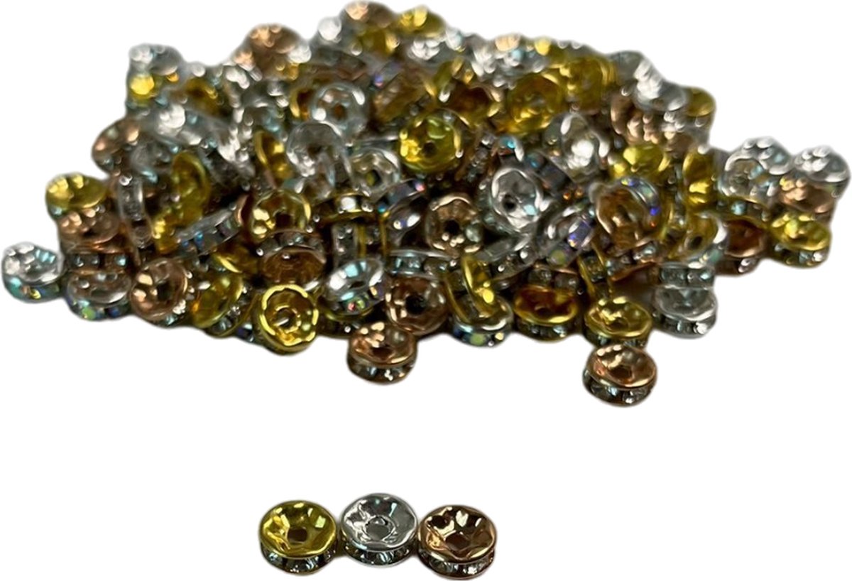 MGM Trading - set van 200 SAVITA 8mm rondelle strass kristal kralen, losse ronde spacer kralen voor armbanden, kettingen en sieraden maken, in zilver, goud, roségoud en AB kleurrijk
