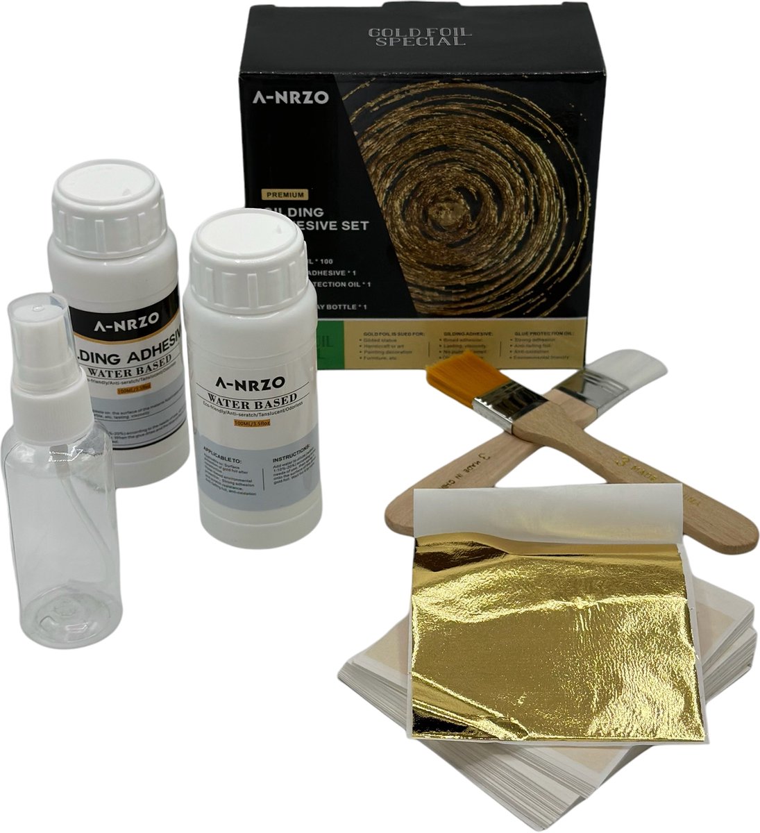 MGM Trading Bladgoud Starterkit met lijm, 100 bladgoudvellen en benodigdheden voor ambacht en schilderkunst.