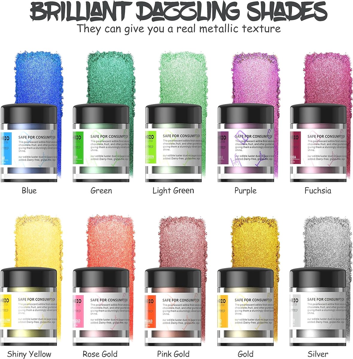 MGM Trading Glitter- en Taartdecoratieset (10 kleuren) voor Veganisten en Glutenvrije levensgenieters - 3g Glitterstof.