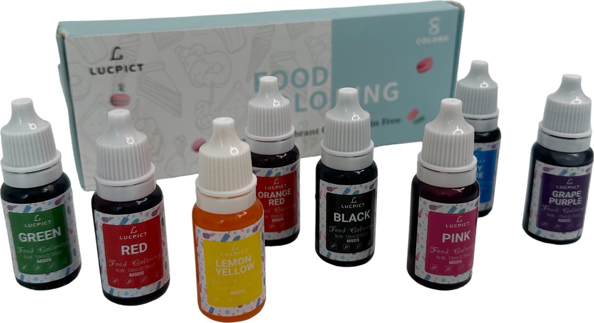 MGM Trading Kleurstof voor Levensmiddelen 8x10ml - Vloeibare Kleurstof met Hoge Concentratie voor het Bakken van Cake Koekjesglazuur Macaron Fondant - Levendige Kleurstof - 8 Kleuren