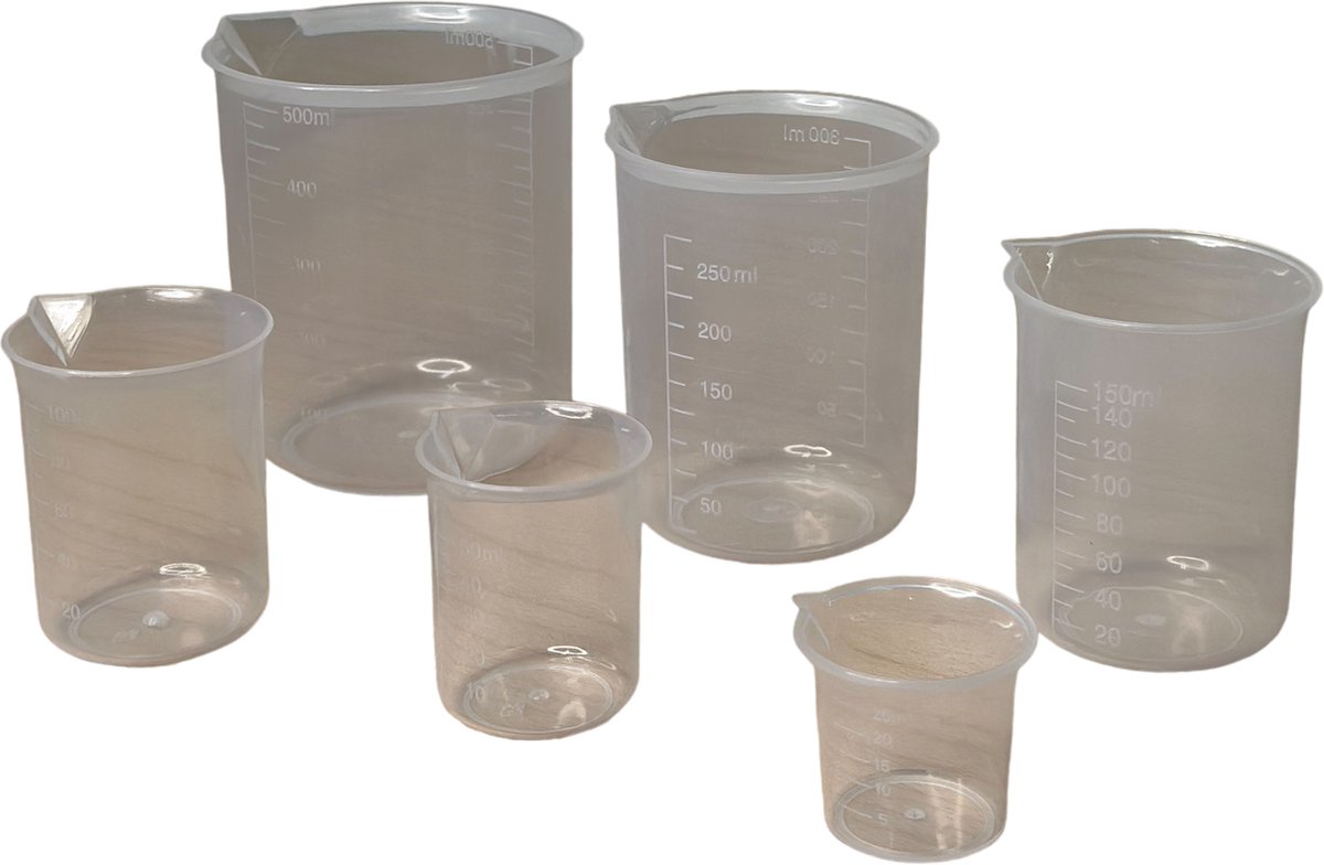 MGM Trading PIQIUQIU Maatbeker set kunststof 6 stuks maatbeker 25 ml 50 ml 100 ml 150 ml 250 ml 500 ml maatbeker uit PP laboratorium maatbeker met schaalmarkering (transparant)