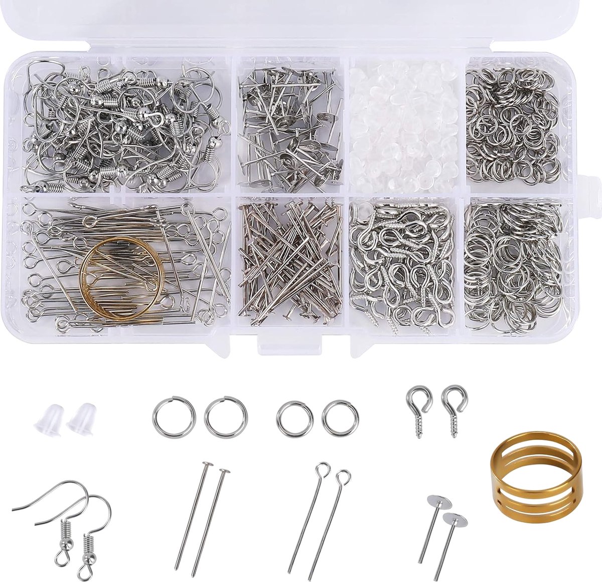 MGM Trading Sieraden Maken Benodigdheden Kit, Oorbel Reparatie Set met Oorbellen Haken, Oorbel Ruggen, Oorbel Posts, Springringen, Schroef Eye Pins, Hoofd Pins voor DIY Beginners Volwassenen Crafters (650 stuks)