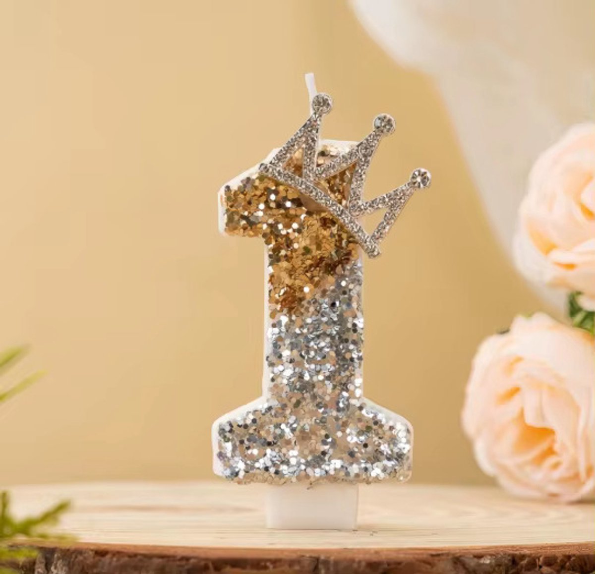 Cijferkaars 1 jaar - Verjaardagskaarsje Taart - Kaarsje 1 jaar verjaardag - Goud Zilver - Glitters en Kroontje