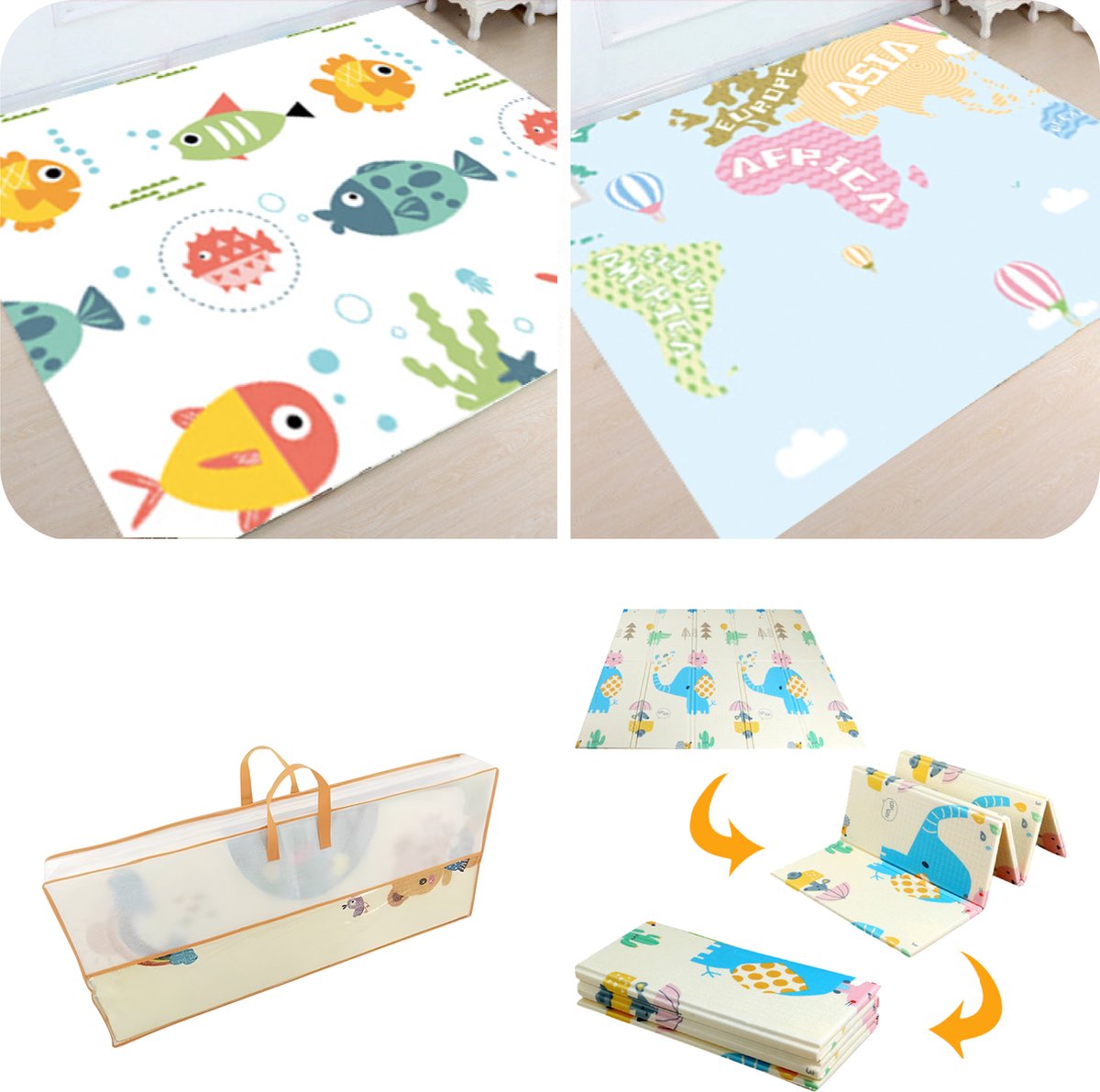 MIRO Speelmat - Baby - Kinderen - Kruipmat - Speelkleed - Dubbelzijdig - XL - Opvouwbaar - Extra Dik - Foam - Vissen & Wereldkaart - Cijfers & Letters - 180 x 200 CM - Inclusief Opbergtas