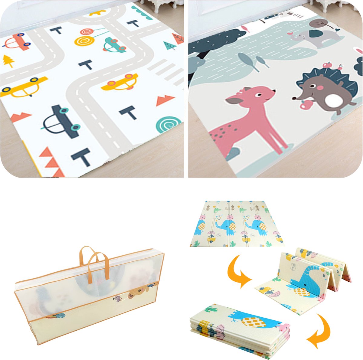 MIRO Speelmat Baby Kinderen - Kruipmat - Speelkleed - Dubbelzijdig - XL - Opvouwbaar - 1CM Dik - Foam - Verkeer & Dieren - Cijfers & Letters - 180 x 200 CM - Inclusief Opbergtas
