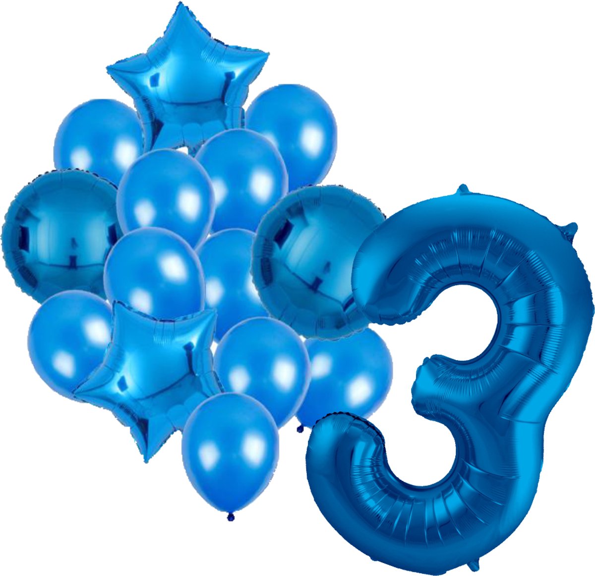 Ballonnenset blauw 3 - ster - rond - ballon - 3 jaar - cijferballon - latexballon - verjaardag - verjaardagversiering - party - versiering - feest