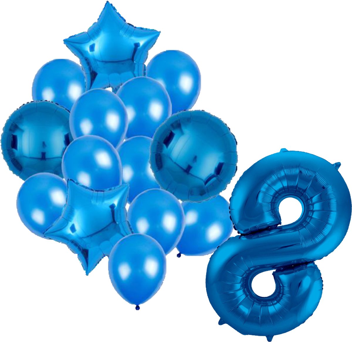 Ballonnenset blauw 8 - ster - rond - ballon - 8 jaar - cijferballon - latexballon - verjaardag - verjaardagversiering - party - versiering - feest