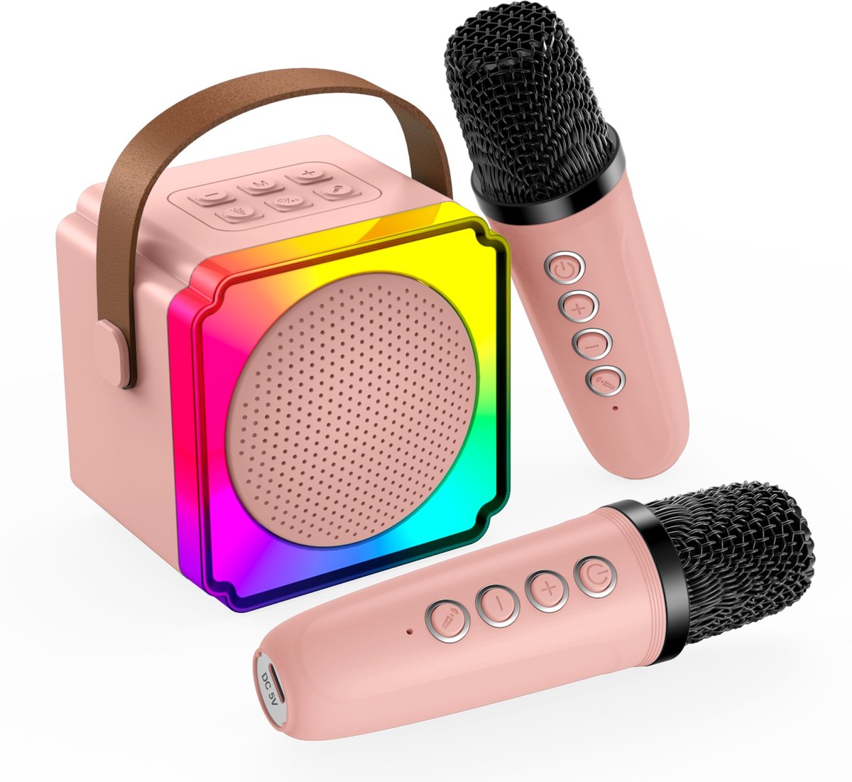 Karaoke Set voor Kinderen met Bluetooth Speaker van MMOBIEL – Met 2 Draadloze Microfoons, LED-verlichting, Geluidseffecten – Feest, Cadeau voor Meisje, Jongen, Kinderen 3+ jaar – Roze