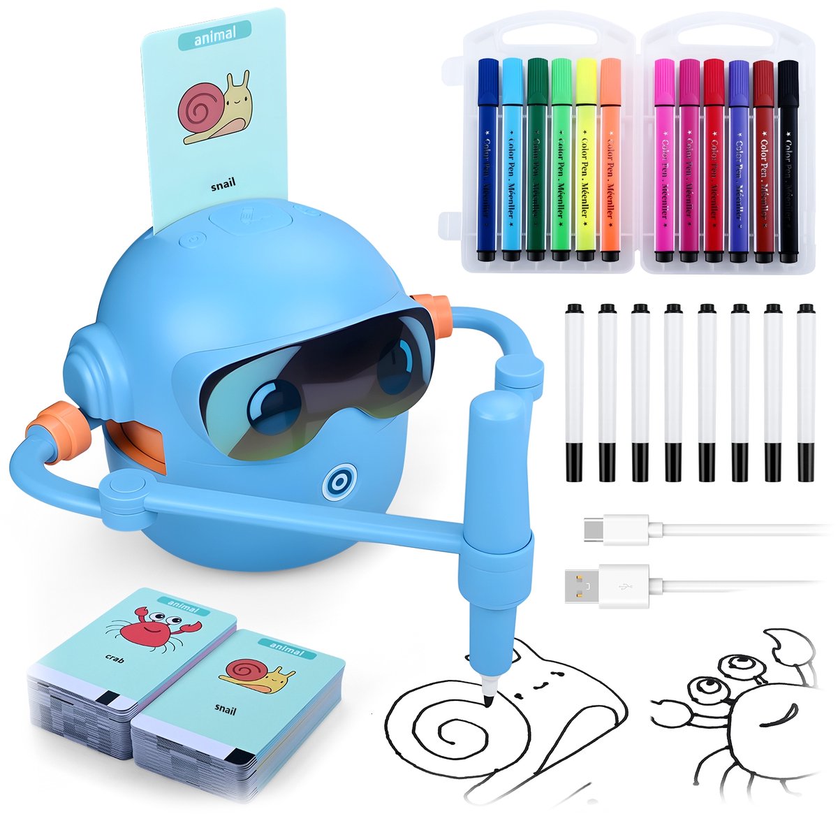 Tekenrobot voor Kinderen van MMOBIEL – Interactief Educatief Speelgoed met 100 Tekenkaarten, Stembegeleiding, 12 Kleurstiften & USB-C Oplaadbare Batterij – Creatief Cadeau voor 3-9 Jaar – Blauw