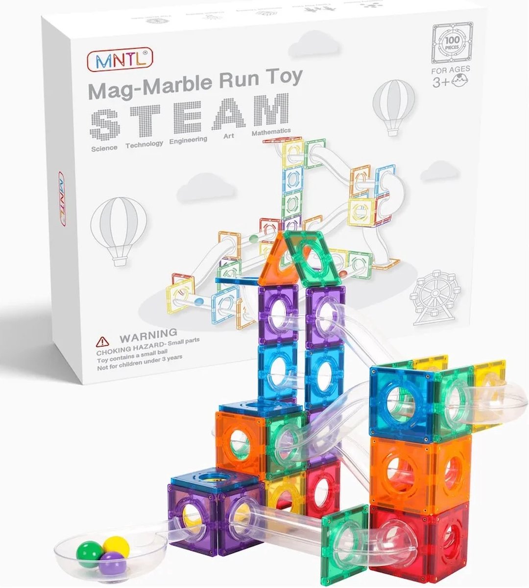 MNTL - Magnetic Tiles - Magnetische Knikkerbaan - 100 Stuks - Marble Run - Magnetisch Bouwspeelgoed - Educatief Speelgoed - Magnetische Bouwstenen - Montessori - STEM Speelgoed