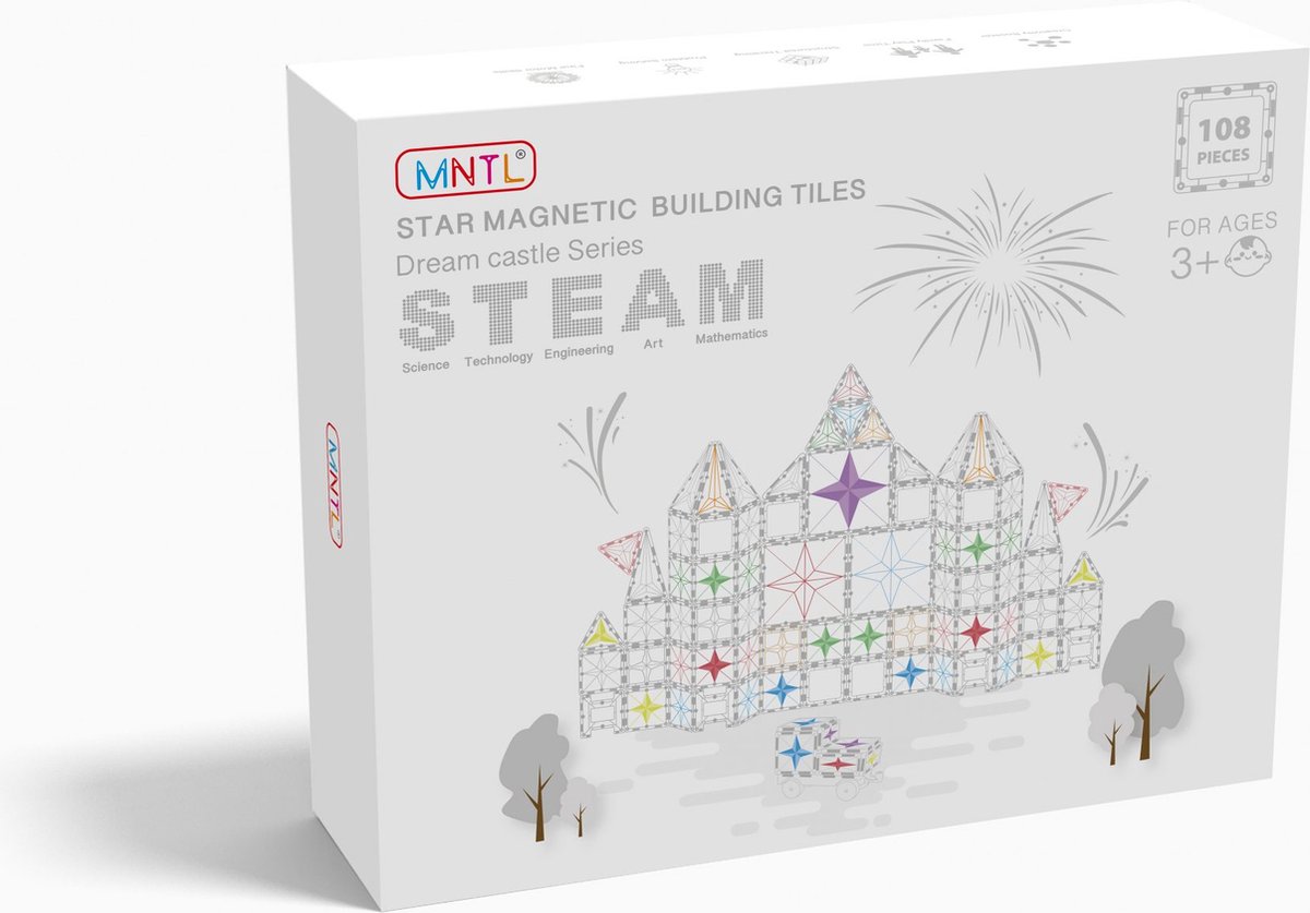 MNTL Magnetic Tiles Magnetische Tegels 108 stuks - Open Einde Montessori Speelgoed - Sterkere Magneten - Krasvast