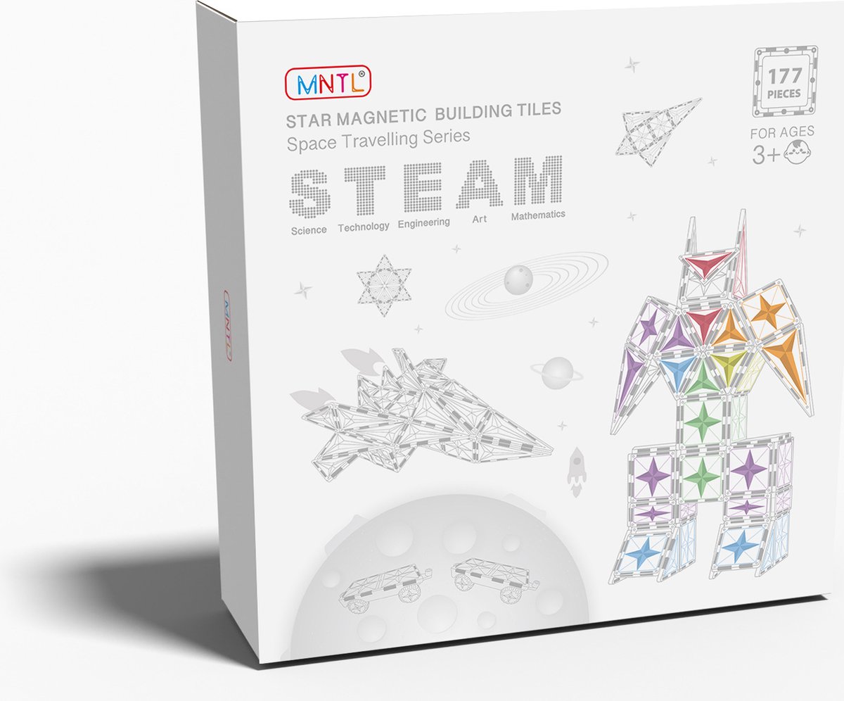 MNTL Magnetic Tiles Magnetische Tegels 177 stuks - Open Einde Montessori Speelgoed - Sterkere Magneten - Krasvast