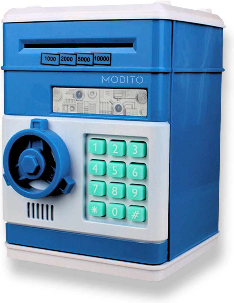 Modito Kluis met Pincode Blauw PRO - Spaarpot - Automatisch Spaarvarken voor Kinderen - Munten & briefgeld - Educatief sparen - Met Nederlandse instellingen