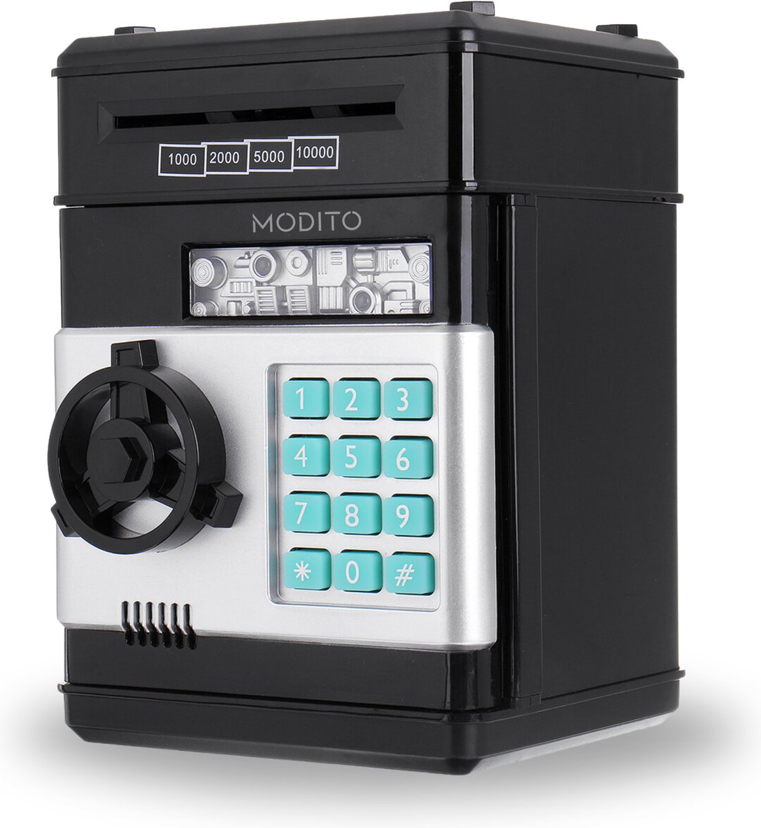Modito Kluis met Pincode Zwart PRO - Spaarpot - Munten & briefgeld- Educatief sparen - Automatisch Spaarvarken voor Kinderen - Met Nederlandse instellingen