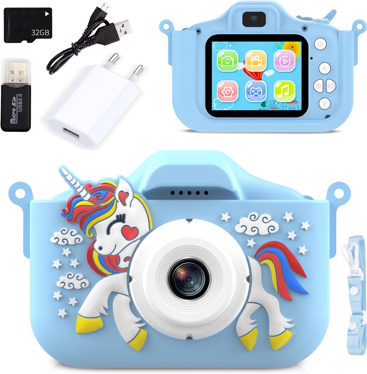   - Digitale Kindercamera – Creatief Speelgoed - Speelgoed - Unicorn Speelgoed - Speelgoedcamera - Unicorn - Blauw - Blauwe Unicorn - Fototoestel voor Kinderen - 32GB SD-kaart en Accessoires – 48MP - Kado - Cadeau