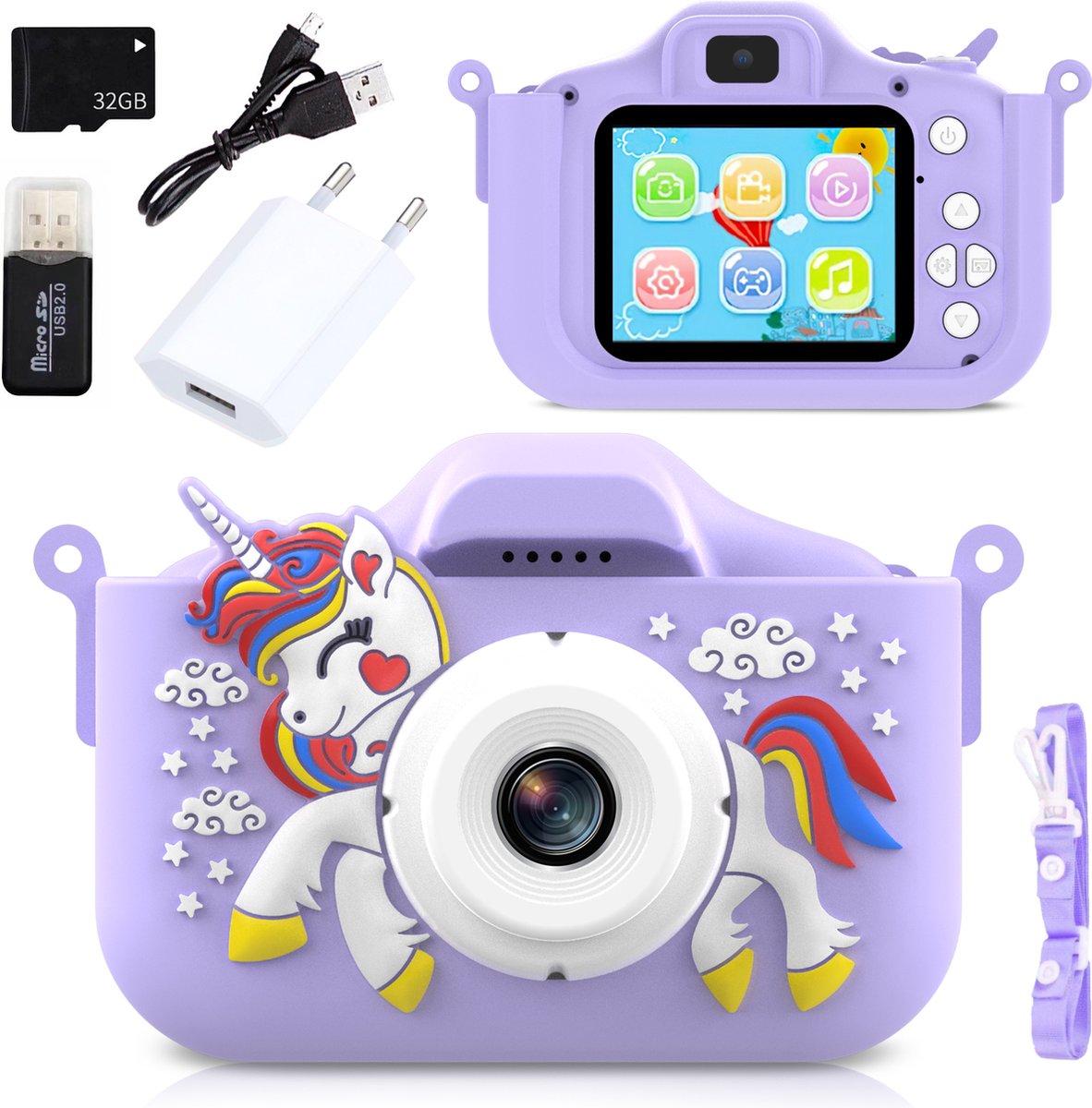   - Digitale Kindercamera – Creatief Speelgoed - Speelgoed - Unicorn Speelgoed - Speelgoedcamera - Unicorn - Paars Unicorn - Fototoestel voor Kinderen - 32GB SD-kaart en Accessoires – 48MP - Kado - Cadeau