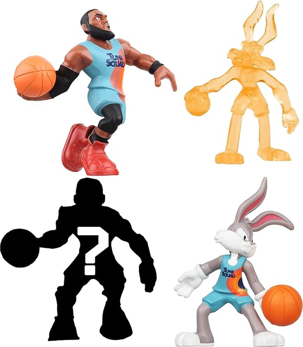 Space Jam 2: 4-pack met minifiguren van 5 cm met LeBron James, Goon Squads Bugs Bunny, Power Up Wile E. Coyote Plus zeldzaam mysterieus verborgen personage