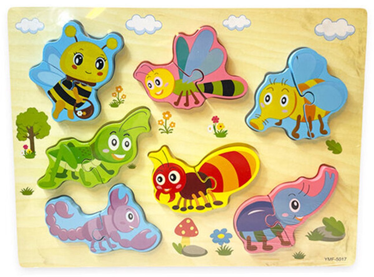 Houten inlegpuzzel - vormen puzzel bord met beestjes - 30x22.5 CM - Peuters - educatief speelgoed