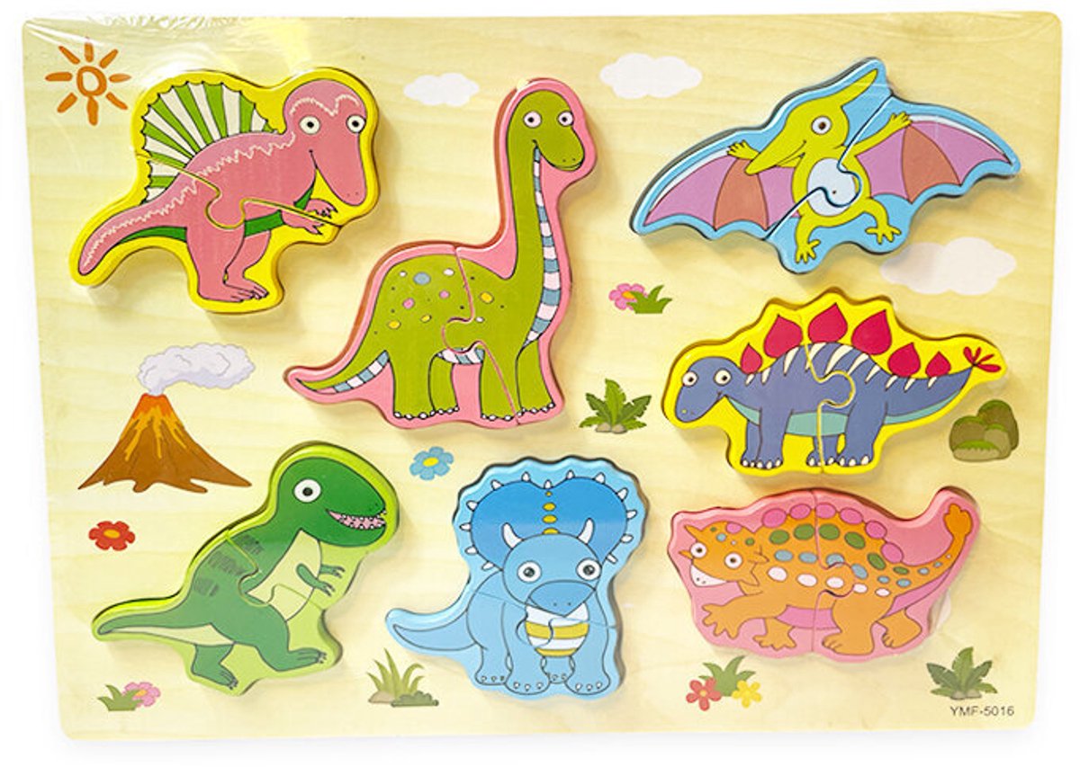 Houten inlegpuzzel dinosaurus - puzzelbord met verschillende dinos - 30x22.5 CM - educatief speelgoed voor peuters