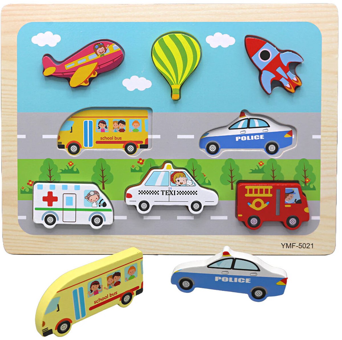 Houten inlegpuzzel verkeer - vormen van voertuigen - hout puzzel bord
