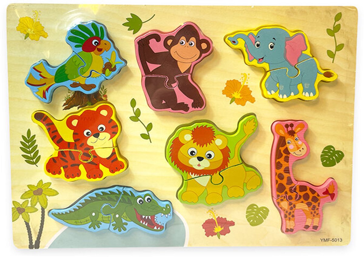 Houten puzzelbord - wild dieren - vormen puzzel bord - 30x22.5 CM inlegpuzzel - montessori - educatief speelgoed - vanaf 2 jaar