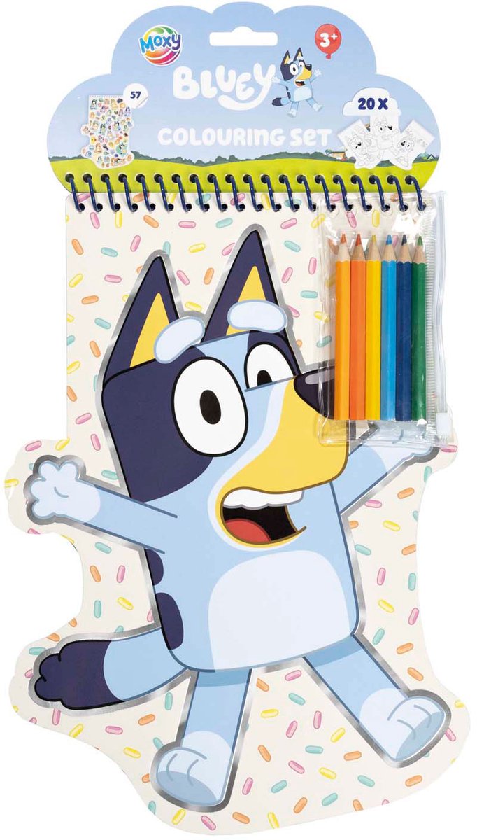 Bluey Kleurset Moxy kleurboek 20 paginas inclusief 6 kleurpotloden en stickers - tekenen kleuren stickeren - educatief speelgoed peuter kleuter vanaf 3 jaar cadeautip